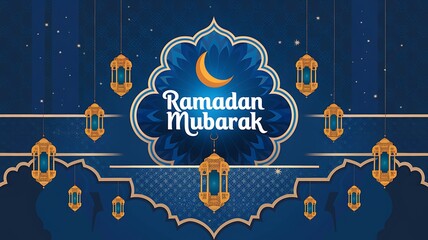 Ramadan Mubarak Greeting with Golden Lanterns and a Crescent Moon