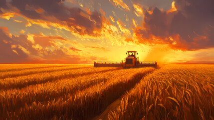 Fototapeta premium A breathtaking scene of golden barley fields being harvested by large machinery at dusk. Golden Harvest Fields. Illustration