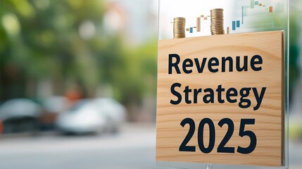 A sign reads "Revenue Strategy 2025," featuring a graphic of growth and coins, indicating a focus on financial planning and business development.