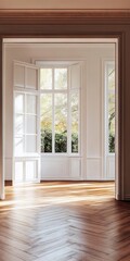 Fototapeta premium A large open doorway with a window in the middle. The room is empty and has a lot of natural light coming in from the window