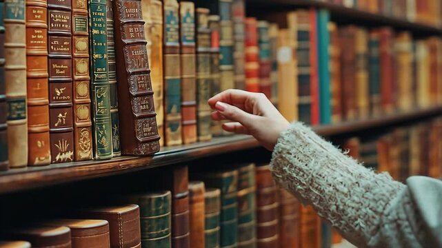 An up-close view of a hand picking an old book off of a well-stocked bookcase with vibrant old bindings.