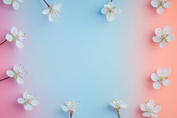 Fototapeta premium Soft pastel background with white flowers arranged symmetrically.