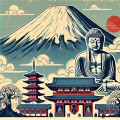 A traditional ukiyo-e style illustration featuring Mount Fuji, Daibutsu, and Kaminarimon, drawn in bold colors and classic Japanese design. 富士山、大仏、雷門を描いた伝統的な浮世絵風のイラスト。太い輪郭と日本独特の色使いが特徴。
