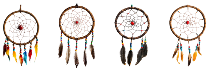 Colorful dream catchers with feathers and beads. Set of png on transparent background