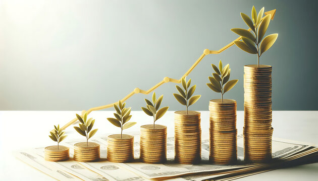 Stacks of gold coins in decreasing order, representing financial growth or savings concept on a white and light grey background