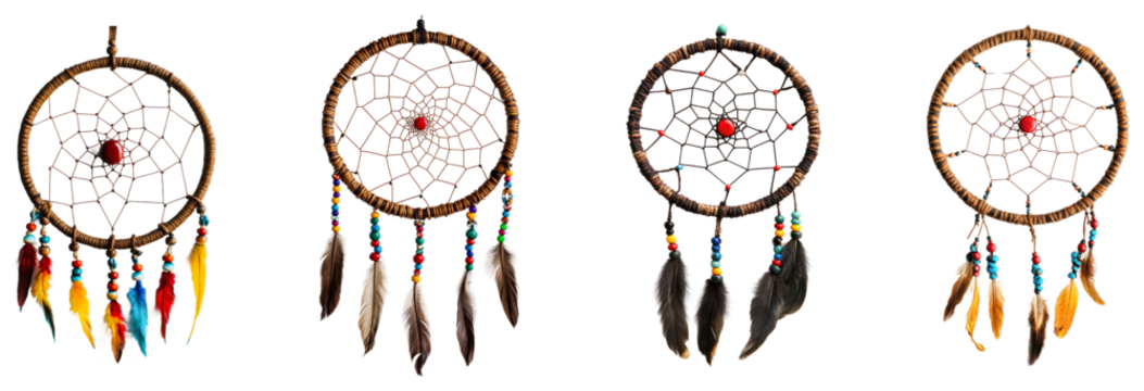 Colorful dream catchers with feathers and beads. Set of png on transparent background