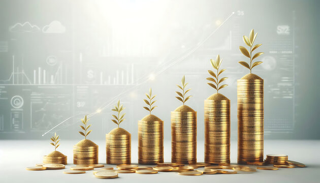 Stacks of gold coins in decreasing order, representing financial growth or savings concept on a white and light grey background