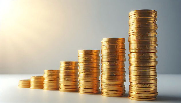 Stacks of gold coins in decreasing order, representing financial growth or savings concept on a white and light grey background