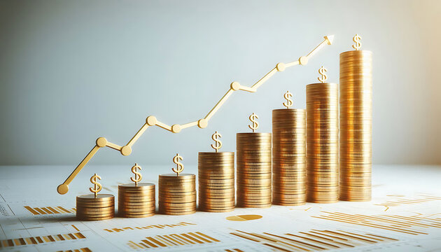 Stacks of gold coins in decreasing order, representing financial growth or savings concept on a white and light grey background