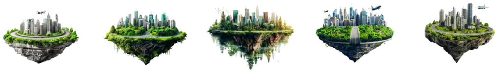 Obraz premium Floating cities with greenery, futuristic design and harmony. Set of png on transparent background