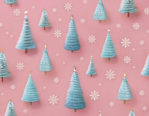 Delicate Christmas tree pattern with delicate snowflakes on a soft pastel background.