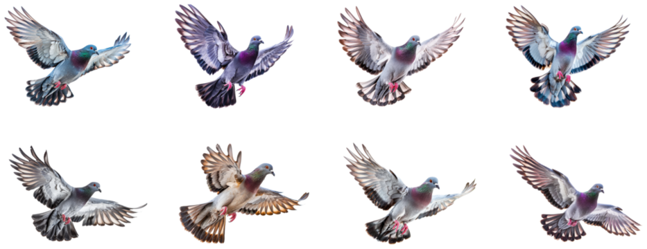 Pigeons in flight showcasing graceful wing movements during sunset. Set of png on transparent background
