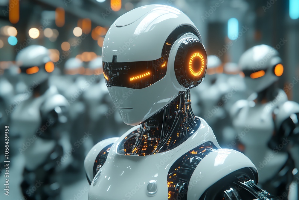 Aufkleber a white humanoid robot with glowing orange eyes stands among a group of similar robots in a factory 