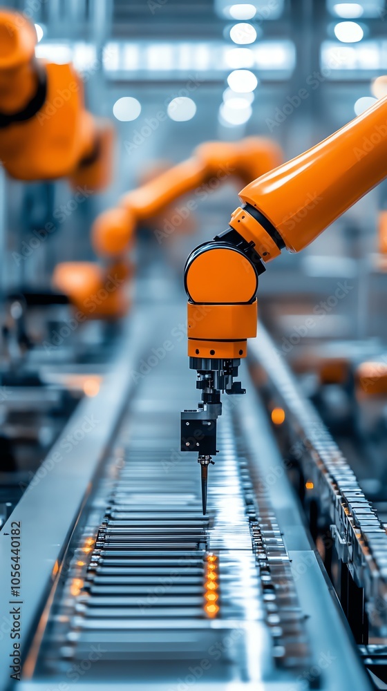 Aufkleber an orange robotic arm working on an assembly line in a modern factory.