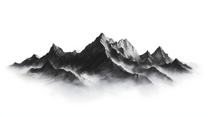 Close-up of jagged mountain peaks with sharp ridges, hand-drawn pencil sketch, black and white, minimalistic, clean lines, isolated on a white background, silhouette style