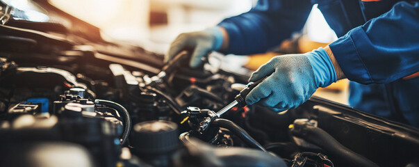 Obraz premium A mechanic is working on a car engine. Concept of precision and expertise as the mechanic carefully inspects and repairs the engine. The blue and white color scheme of the mechanic's uniform