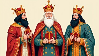Fototapeta premium Three Wise Men holding gifts for Día de los Reyes celebration