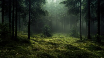 Obraz premium Enchanted Forest: A Misty Morning Landscape