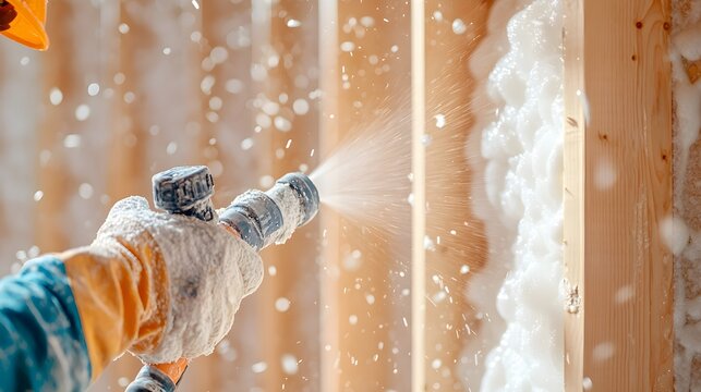 Close-up of a construction worker spraying foam insulation with precision, filling gaps in a wooden wall frame, ensuring energy efficiency