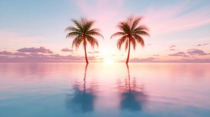 Obraz premium Dreamy tropical landscape, palm trees forming abstract shapes under a glowing sunset, pink and orange tones filling the sky and reflecting on water