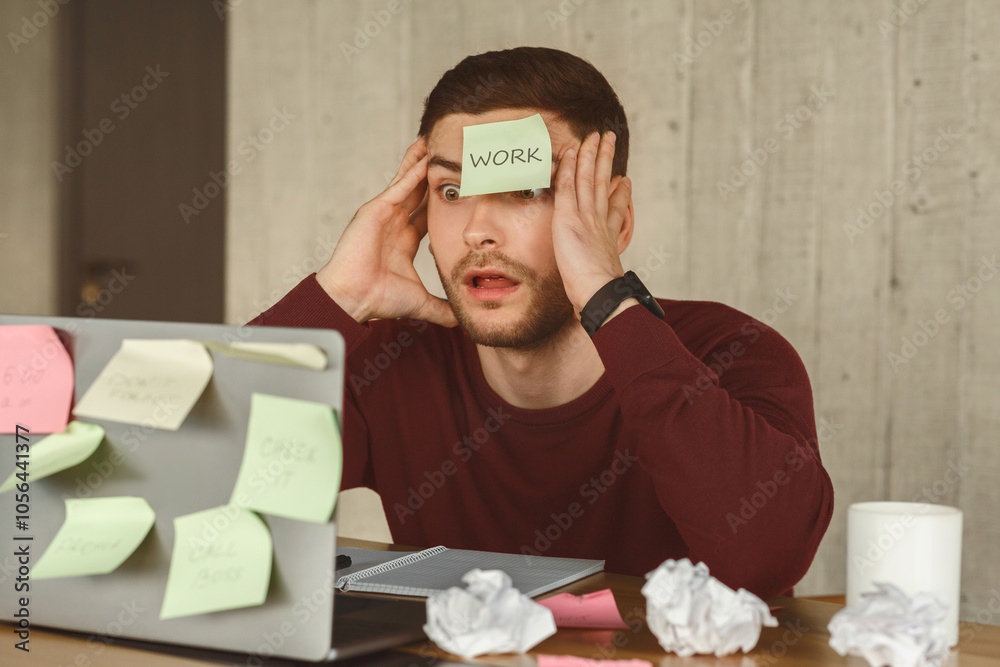 Poster Multitasking And Deadline. Office Manager Touching Head In Shock Having Too Much Work And Sticky Notes Everywhere Sitting Indoor.