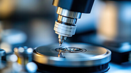 Fototapeta premium A microscope is focused on a small object. The object is a small disk with a hole in the center