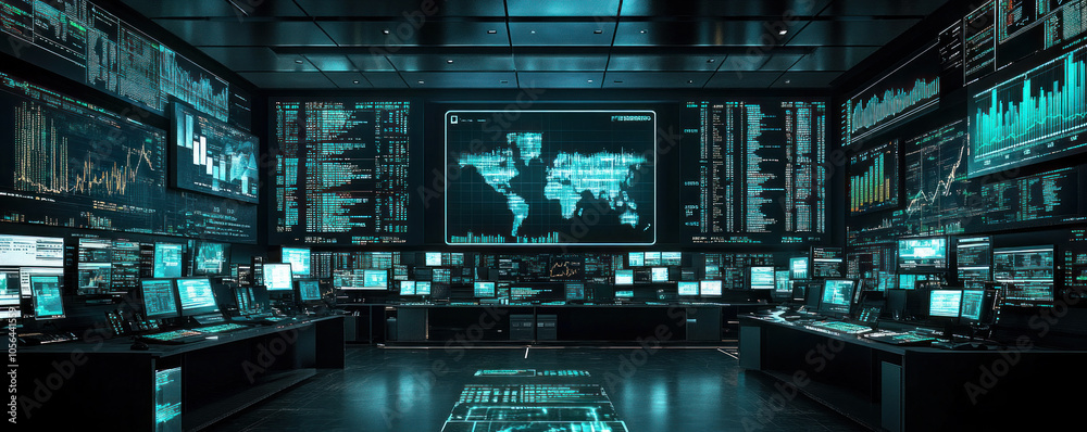 Poster A computer room with many monitors and a large screen showing a map of the world. The room is filled with computers and the atmosphere is very busy and focused