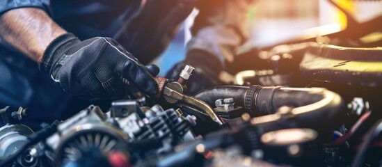 close up of mechanic repairing car engine