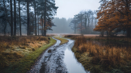 Misty Forest Path in Autumn Landscape