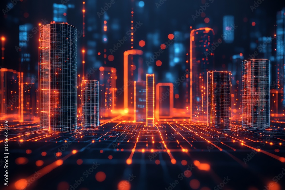 Aufkleber a futuristic city skyline rendered in a digital style with glowing lines and abstract shapes.