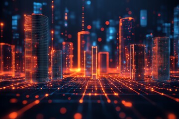 Fototapeta premium A futuristic city skyline rendered in a digital style with glowing lines and abstract shapes.