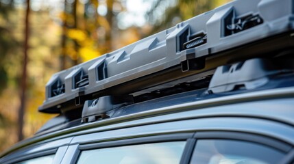 Obraz premium Family SUV with luggage box on the roof of the car. Extra Capacity