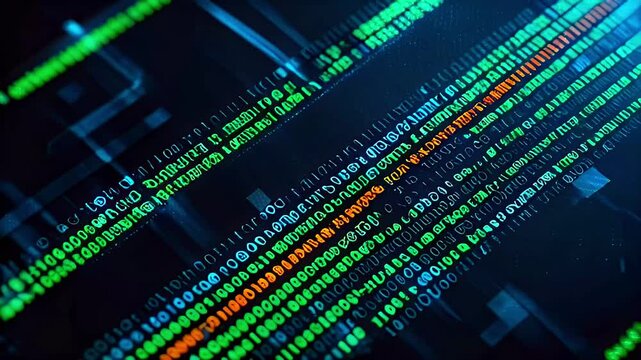 Abstract lines of glowing code with blue, green, and orange colors on a black background.