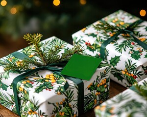 A cozy arrangement of beautifully wrapped holiday gifts nestled among greenery, featuring festive patterns and a cheerful vibe.