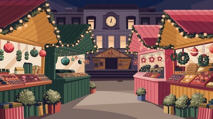 Festive Christmas Market Stalls with Decorations and Gifts