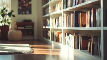 A large library with many books on the shelves. The room is bright and sunny, and there is a potted plant in the corner