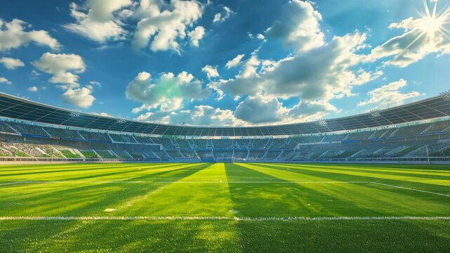 Sunny day empty football field with blue sky