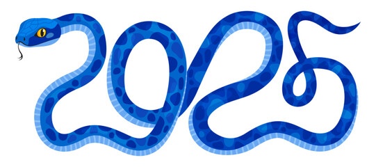 Cute blue snake in the shape of the number 2025 isolated on a white background. New Year of the Snake, Lunar New Year or Chinese New Year. Zodiac animal cartoon character.