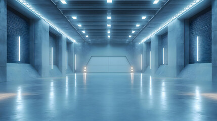 Fototapeta premium Futuristic Concrete Hallway with Blue Lighting - 3D Illustration