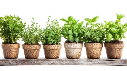 Fototapeta premium A row of herb plants in pots, showcasing fresh greenery for cooking or gardening.