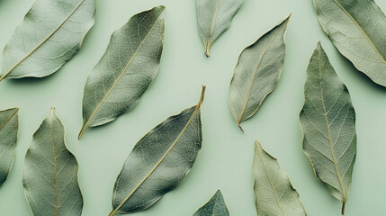 Whole Dried Bay Leaves Arranged on Green Background