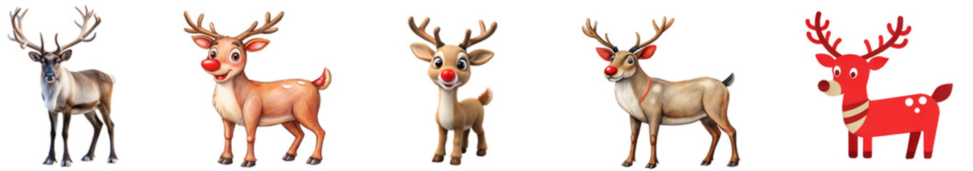 Reindeer characters in festive colors celebrating winter joy. Set of png on transparent background
