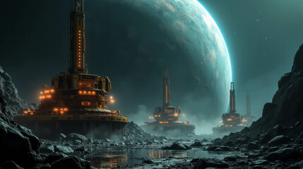 Futuristic space mining operations on a rocky terrain with a distant planet in the background