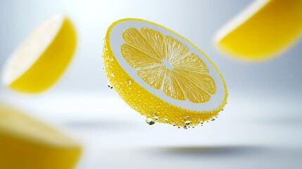 Floating lemon slices, abstract silhouette, crisp white backdrop, showcasing fresh citrus energy