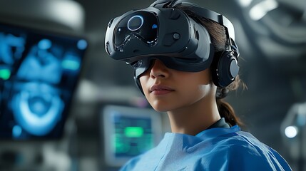 A young female surgeon in a surgical gown, wearing a VR headset, standing in an operating room.