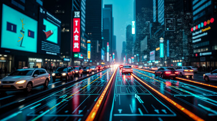 Fototapeta premium A bustling city street at night illuminated by vibrant billboards and glowing road markings with moving traffic in a lively urban center