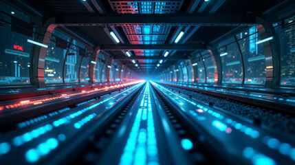 Obraz premium Futuristic underground transit system illuminated with blue lights and tracks at nighttime
