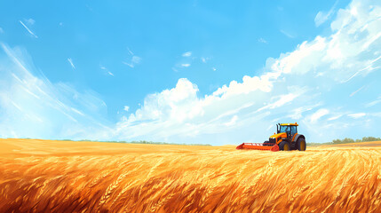 Obraz premium A tractor harvesting golden fields under a blue sky, showcasing agricultural activity. Golden Harvest Fields. Illustration