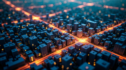 Obraz premium Aerial view of a vibrant urban landscape illuminated by streetlights at dusk, showcasing busy intersections and city buildings