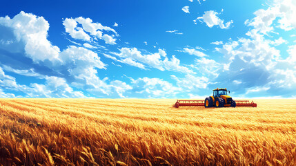 Obraz premium A tractor harvesting golden fields under a blue sky, showcasing agricultural activity. Golden Harvest Fields. Illustration